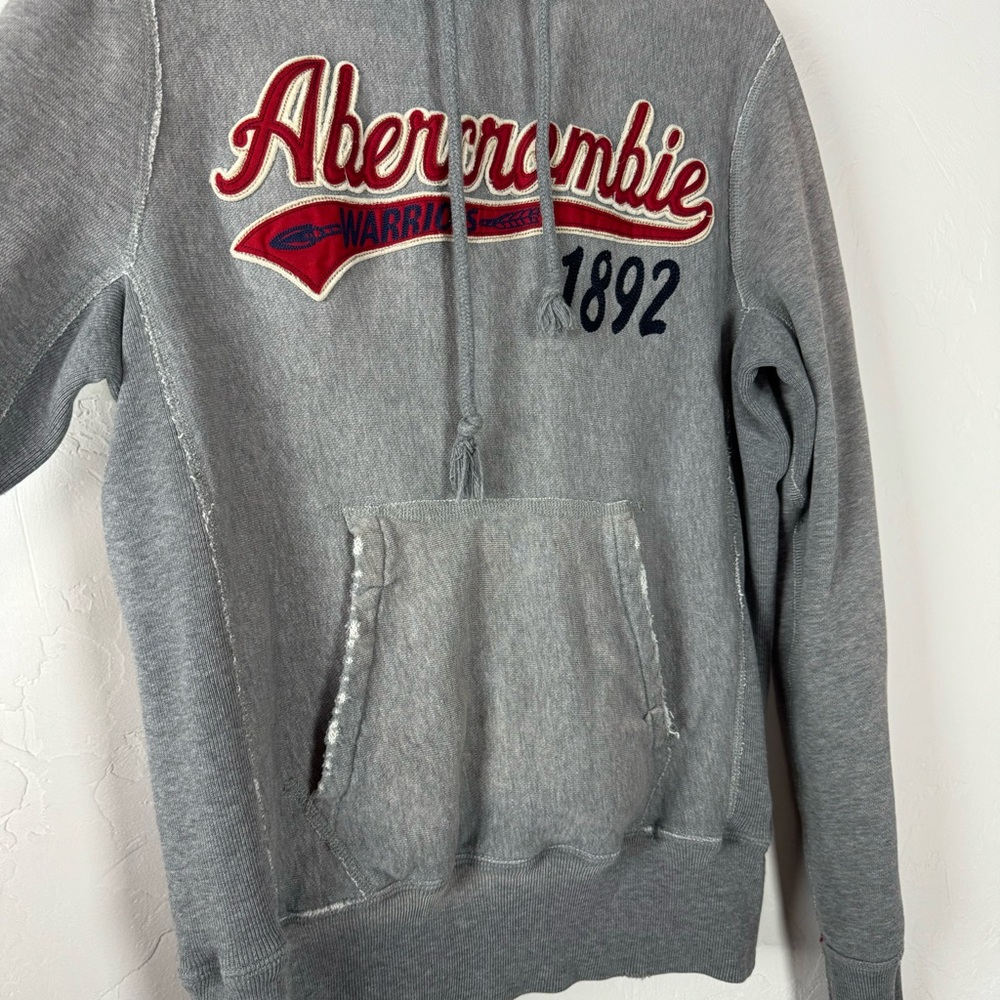 VTG Y2K A&F Abercrombie & Fitch Hoodie Pullover Sweatshirt Grey Fleece Lined Red - Picture 4 of 10